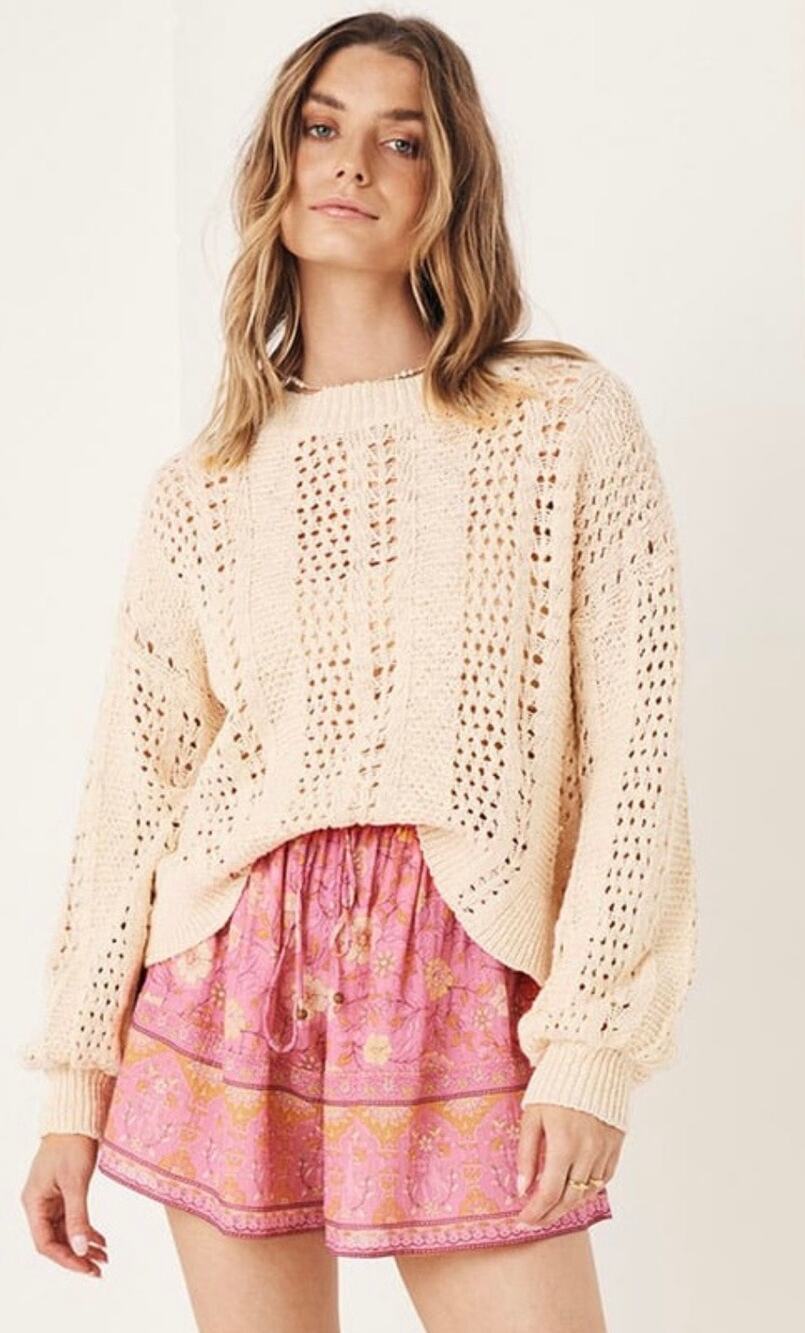 SPELL Road to Paradise Open-Knit Crochet Jumper Oversized Sweater Wheat - Medium